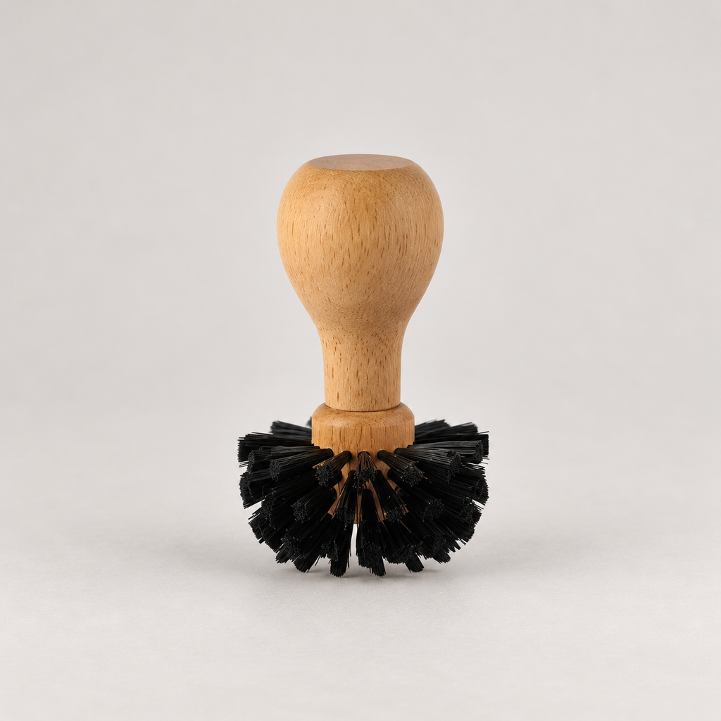Wooden coffee cleaning brush with black bristles — warm grey background