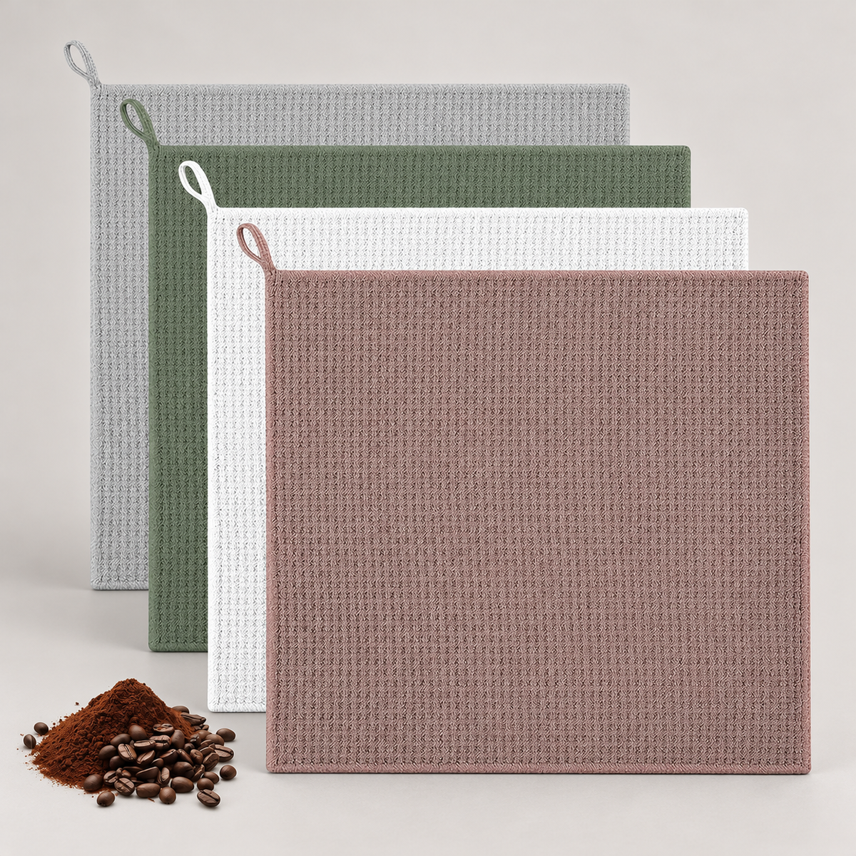 Pack of four barista microfibre cleaning cloths — warm grey background