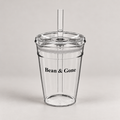 Bean & Gone Reusable Iced Coffee Cup — Black 12oz with Hard Plastic Straw on a warm grey background