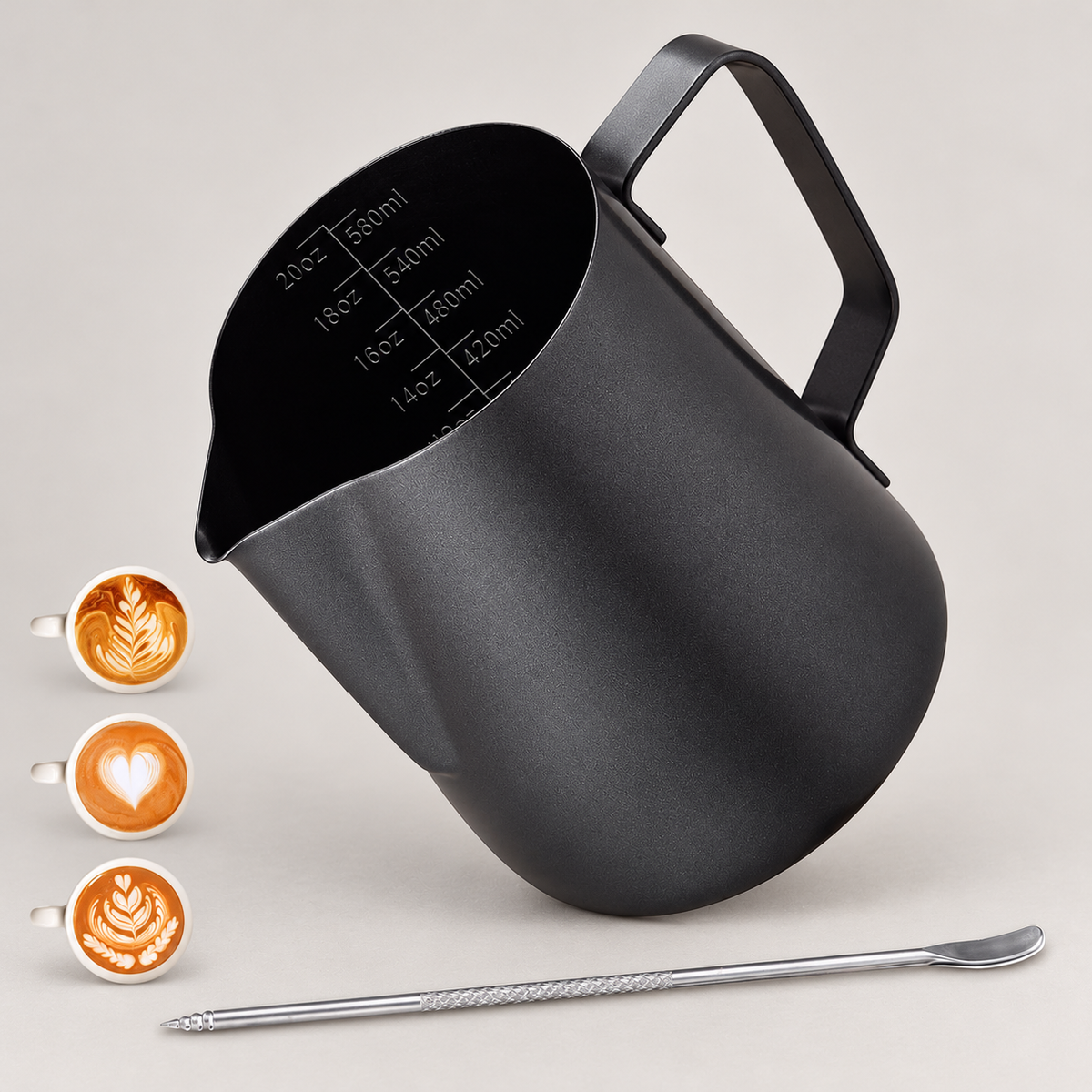 Black 600ml milk jug with latte art pen — warm grey background