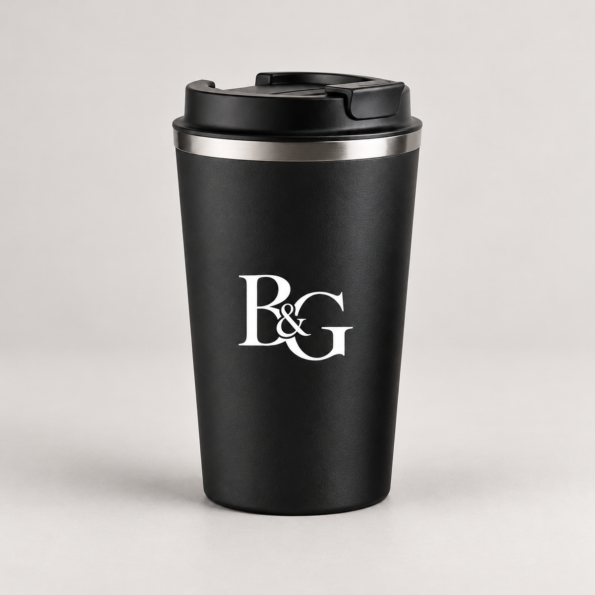 Bean & Gone BRACE Reusable Travel Cup — Black 350ml — B&G design mockup
