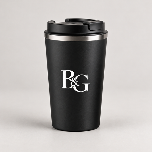 Bean & Gone BRACE Reusable Travel Cup — Black 350ml — B&G design mockup