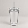 Bean & Gone Reusable Iced Coffee Cup — Clear 16oz with Hard Plastic Straw on a warm grey background