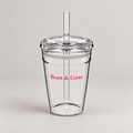 Bean & Gone Reusable Iced Coffee Cup — Pink 12oz with Hard Plastic Straw on a warm grey background